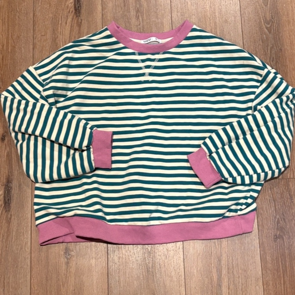 Women’s trendy large striped green white purple long sleeve T shirt